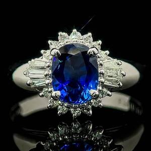 1.63 Carat Oval Royal Blue Sapphire Solitaire & Diamond Halo Estate Ring in Platinum 900 - Fine Craftsmanship $5,800 Retail VIDEO