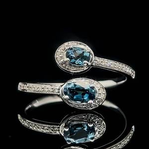 Oval London Blue Topaz & Diamond Halo Pave Bypass Ring in White Gold $1699 Retail