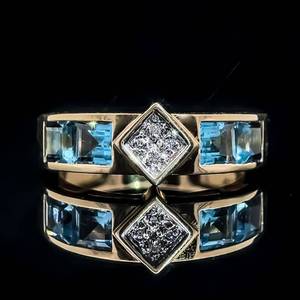 Diamond Cluster & Square Cut Blue Topaz Geometric Channel Ring in 14k Yellow Gold $1,850 Retail
