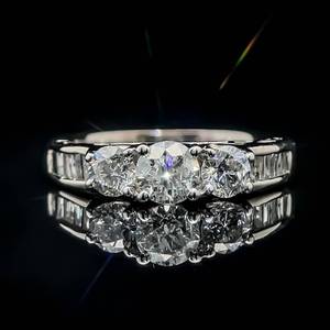 .80 Carat Round Brilliant Cut Diamond Three-Stone & Baguette Diamond Channel Ring in 14k White Gold $2375 Retail