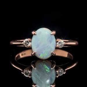 Oval Opal & Diamond Three-Stone Anniversary, Birthday, Promise Ring in 14k Rose Gold