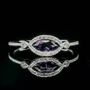 Marquise Amethyst & Diamond Halo East-West Textured Bezel Ring in White Gold $1100 Retail