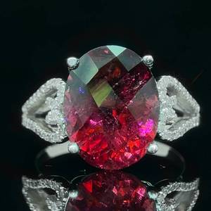 6.50 Carat Oval Checkerboard Cut Rubellite Tourmaline Solitaire & Diamond Pave Ribbon Heart Ring in 14k White Gold $3150 Retail