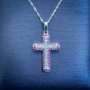 New Fine Quality Ruby & Diamond Cross Pendant in 14k White Gold $2299 Retail