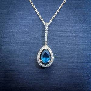 London Blue Topaz & Diamond Elongated Raindrop Pendant Necklace in 14k White Gold $1280 Retail