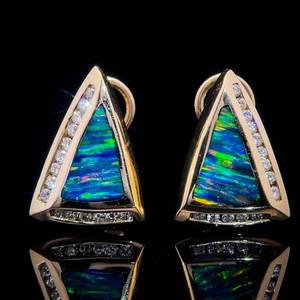 Diamond & Bold Rainbow Opal Triangle Inlay Retro-Geometric Stud Omega Back Earrings in 14k Yellow Gold - Fine Quality Play-of-Color Rainbow Opal $3750 Retail