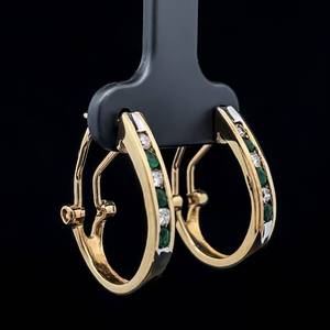 Natural Emerald & Diamond Channel Oblong Oval Hoop Earrings in 14k Yellow Gold w Omega Backs $1699 Retail