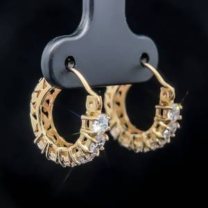 Cubic Zirconia Chunky Huggie Hoop Earrings in 14k Yellow Gold w Openwork in the Back - Click-Top Posts