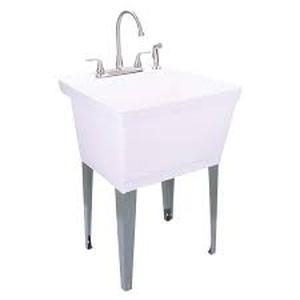 lot 50 image: Tehila Complete 22.875 in. x 23.5 in. White Utility Sink Set with Metal Hybrid Stainless Steel High Rise Faucet & Side Sprayer