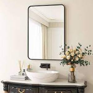 lot 56 image: XRAMFY 26 in. W x 38 in. H Rectangular Aluminum Alloy Framed Rounded Black Wall Mirror