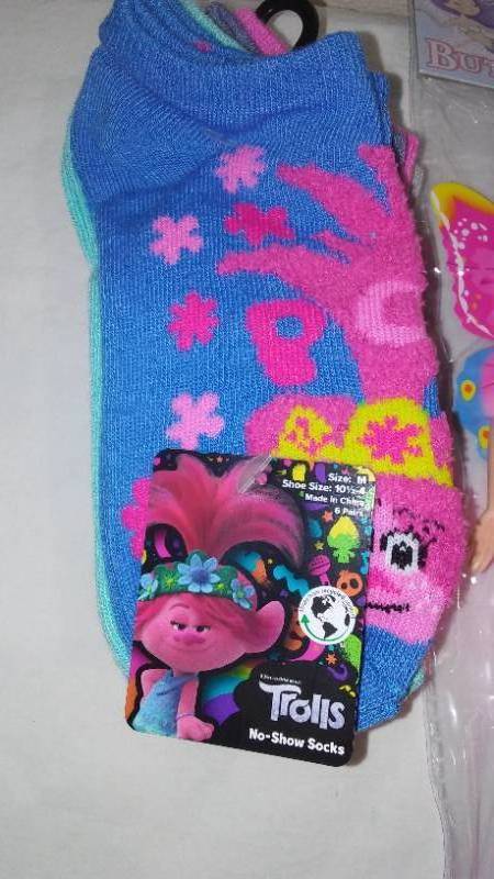 lot 721 image: Trolls 6 Pack No Show Socks, Fidget Pop it Bracelet (2pk ),  Mermaid Doll.