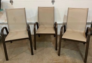 lot 35 image: Outdoor Lawn Patio Furniture Brown Tan Sling Stacking Arm Chair...