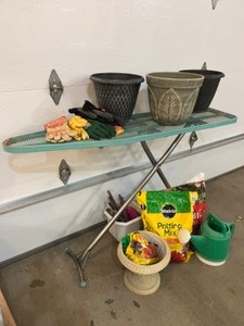 lot 36 image: Gardening Supplies Pots Soil and Ironing Board to Display on...