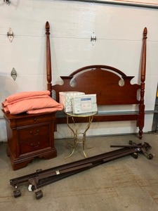 lot 31 image: Furniture Bedroom 6ft. Headboard Queen Bed Frame Rails on Casters Night-Stand Side-Table Queen Bedding NIP Etc...