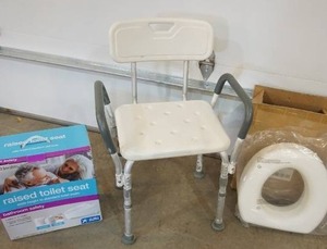 lot 62 image: Medical Supplies Shower Chair, Raised Toilet Seats...