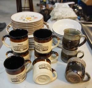 lot 64 image: Small Housewares Vintage Dishes Hardees Coffee Cups HallKraft Spring Flower Stoneware Plates Etc...