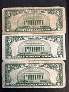 3 US $5 BILLS BLUE SEAL CERT. RED SEAL CERT. AND FEDERAL RESERVE NOTE