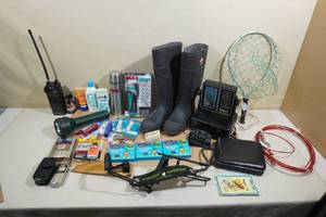 Assorted CampingOutdoor Items - Fish Finder, Flashlights, Drinking Flasks