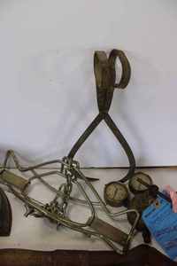 lot 60 image: Vintage Items including Roller Skates, Ice Tongs, Sad Iron, Pinchers, Lantern, and Other Tools
