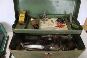 lot 62 image: Tackle Box with Vintage Toys and Automotive Parts, Assorted Auger Bits, and other Tools