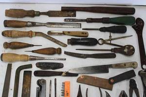 lot 66 image: Large Lot of Vintage Tools Assorted Wrenches, Hog Ringer, Flaring Tool, Pliers, Files, Screwdrivers, Hex Keys, Scratch Awls