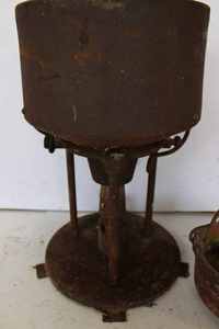 lot 122 image: Antique gas smelting pot burner and 6 in. smelting pot, 14.5 tall
