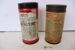 lot 133 image: Firestone & Bowes tube repair kits, Firestone is 4.5 tall, Bowes is 4 tall