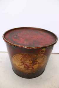 lot 137 image: Warrior oil co. grease bucket from Sioux Falls, SD, 9 diameter 7 tall, awesome Indian head graphic