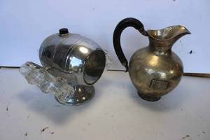 lot 157 image: Whiskey dispenser and pitcher, pitcher is marked Black Knight malt whiskey