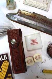 lot 163 image: Misc. lot with a Red Owl spice can, seed corn advertising, advertising s&p shakers from Sanborn, MN and New Ulm, MN