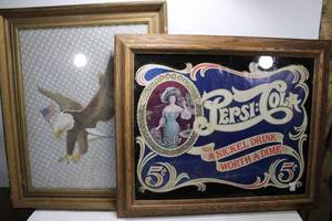 lot 186 image: Lot of 7 pictures, 2 International truck ads from Saturday Evening Post, Shellacked $1,000 bills, Columbia Phonograph