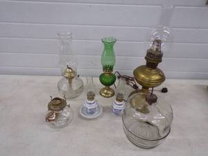 lot 40 image: Lot of vintage Kerosene Lamps and Glass Kerosene Jug
