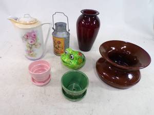 lot 46 image: Lot of McCoy Planters Glass Vases and Other Household Decor