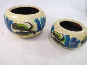 lot 48 image: Lot of 2 Vintage Very Pretty Hand Painted Terracotta Planters