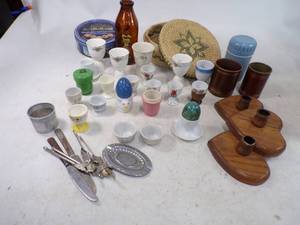 lot 57 image: Lot of Vintage Egg Cup Collection Ceramic Eggs and other Misc. Household Dcor