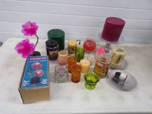 lot 49 image: Large lot of Candles and Candle Holders  Many Unused With Mid Modern Twin Rose Optic Dcor RARE