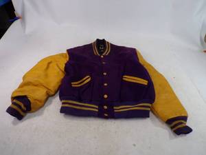 lot 51 image: DeLong Vintage Mid Modern Letter Jacket or Gold and Purple MN Vikings fan Jacket