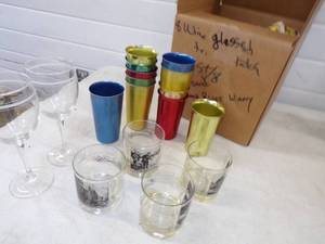 lot 116 image: Very Collectable Aluminum cups Lowball Whiskey Glasses and 8 Wine Glasses