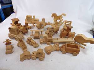 lot 93 image: Vintage Wooden Toy Lot Tractors Cars Horses and More