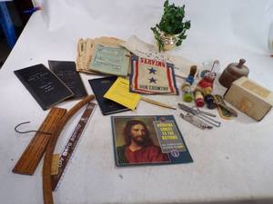 lot 76 image: Vintage Lot of Barber Brushes Black Diamond Wedge Straight Razor WW I Serving our Country Banner Paperwork