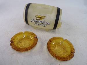 lot 154 image: 2 vintage Amber Glass Ashtrays and Miller Genuine Draft Keg
