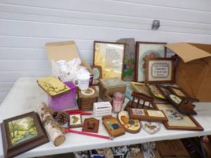lot 191 image: Endless amount of frames plaques Snappy Quips Corningware Cups and more