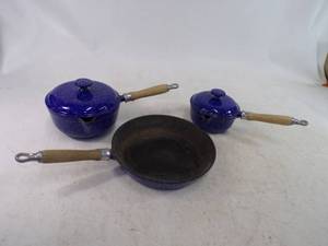 lot 196 image: 2 John Wright Cast Iron Porcelain Pots with Lids and Frying Pan