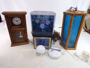 lot 197 image: Lot of Vintage Blue Hanging lamp, Fiberoptic Lamp with Clock Base and Other Misc. Items