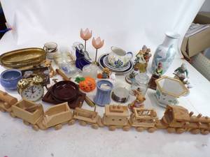 lot 202 image: Lot of Misc. home Dcor, Wooden Toy Train, Brass Footed bowl and much more