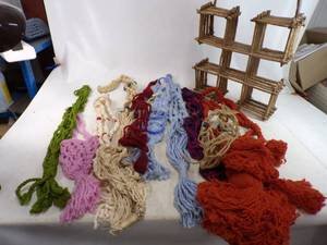 lot 220 image: Lot of Vintage Handmade Macrame Plant Hangers and Cool Wooden Handmade Plant Shelf