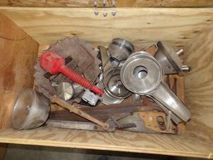lot 221 image: Misc. Tools Cream Separator Parts Vintage Hand Saws and Wooden Box