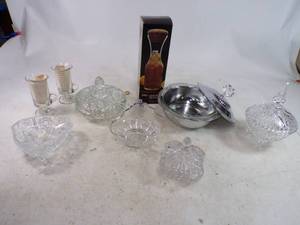 lot 255 image: Fire King Casserole with Cover, Glass Candy Dishes Mid Modern Crafe and more