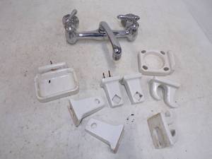 lot 280 image: Vintage Porcelain Bathroom Accessories and Utility Sink Faucet