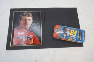 lot 144 image: Autographed Picture of Bill Elliot & Tin Dupont #24 Car Tin